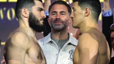 Artur Beterbiev vs Dmitrii Bivol close up faceoff
